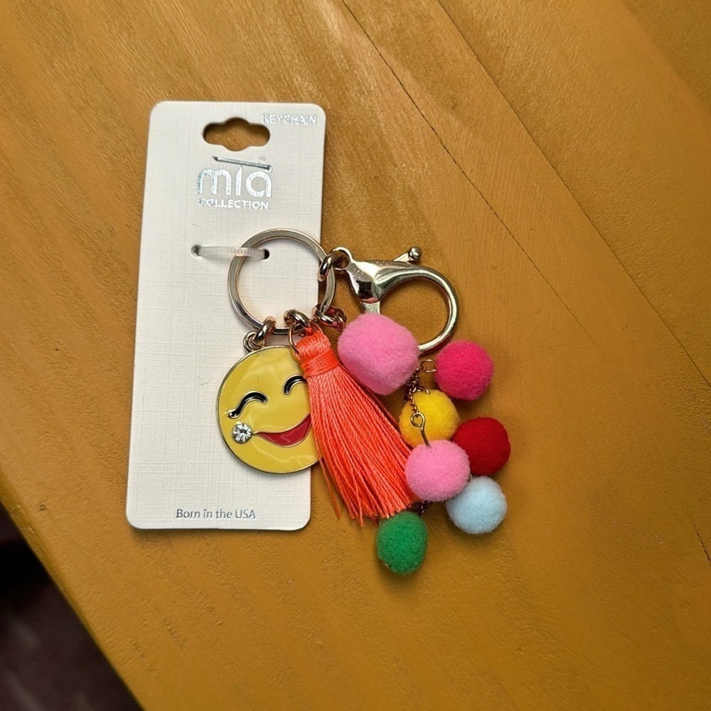 Mia Collection Rainbow Pom Pom Smiley Face Gold Tassel Keychain - Picture 2 of 3